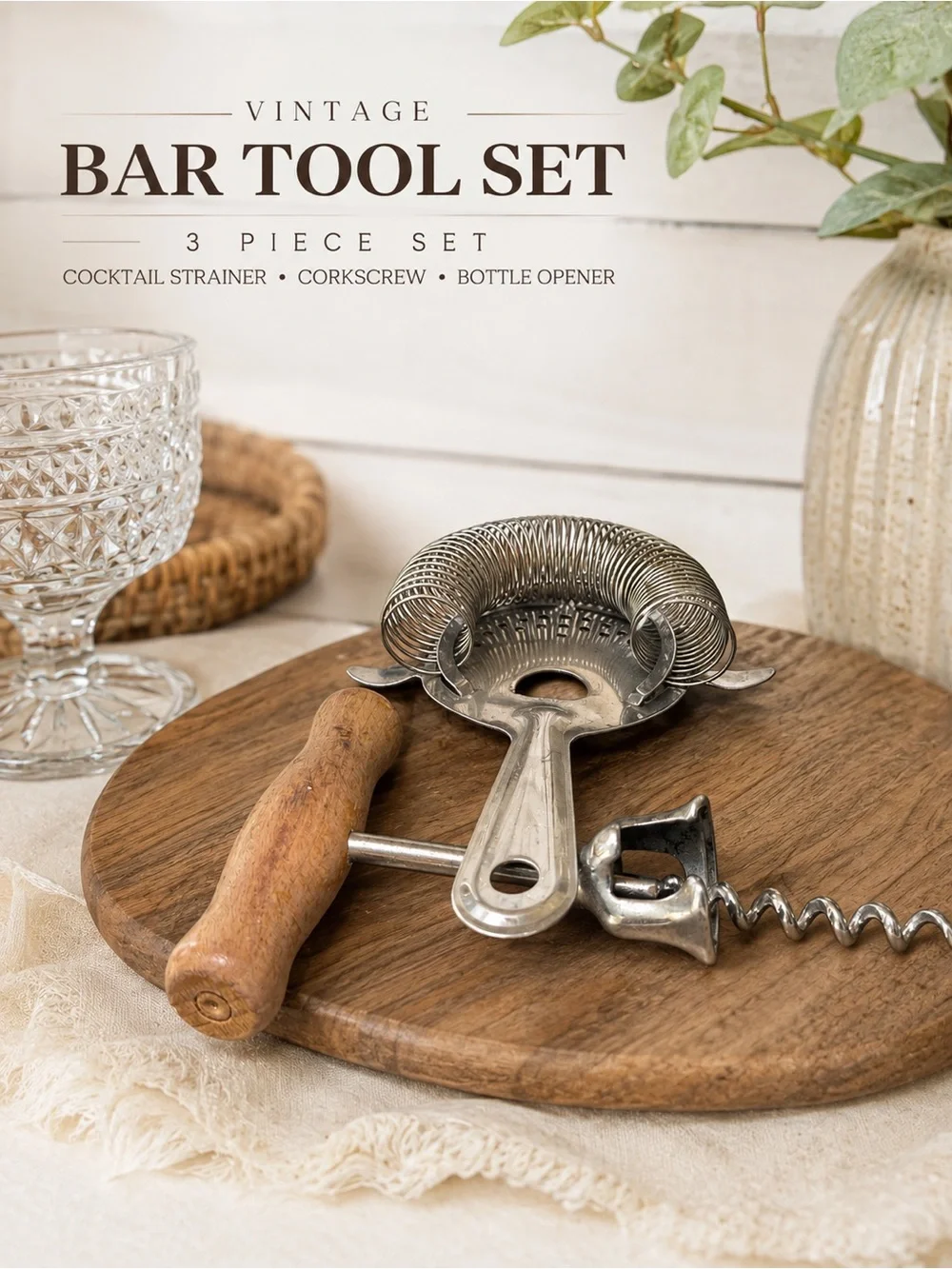 Vintage Style 2-Piece Bar Tool Set Cocktail Strainer & Wood Handle Corkscrew